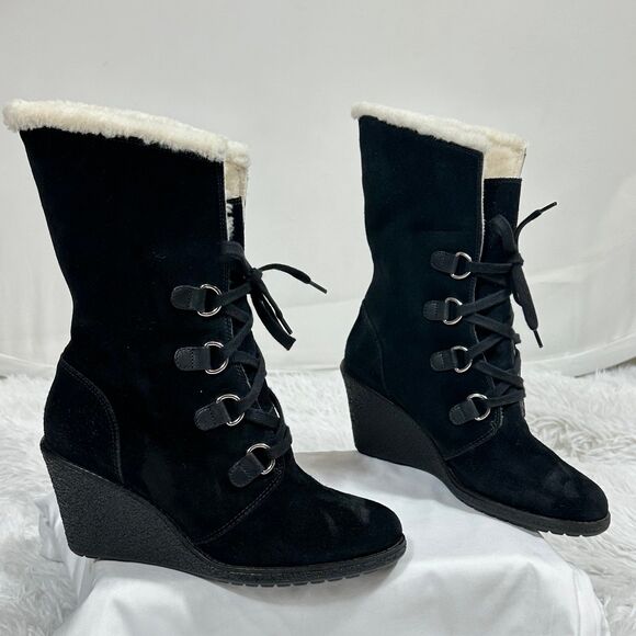 Cole Haan Nike Air Women Boot Sz 10 Black Suede Waterproof Wedge Heel Shearling - Picture 3 of 12